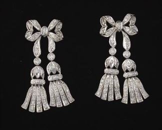 A Pair of Gold and Diamond Bow and Tassel Earrings 