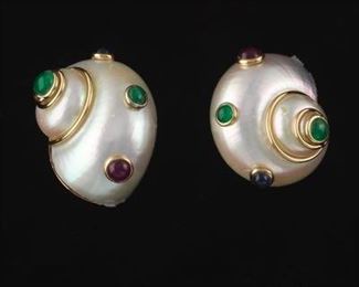 A Pair of MAZ Turbo Pearl and Gemstone Ear Clips 