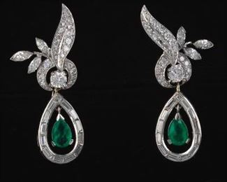 A Pair of Platinum, Diamond and Emerald DaytoNight Earrings 