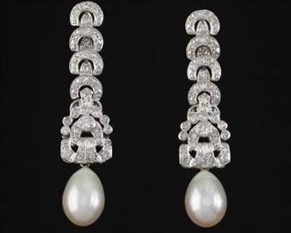 A Pair of Platinum, Diamond, and Pearl Earrings 