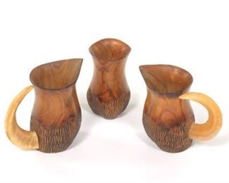 A. Fernandez Carved Olive Wood and Rams Horn Drinking Set