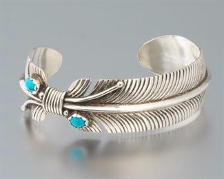 American Indian Navajo Sterling Silver and Turquoise Feathers Bangle, by Verdy Jake 