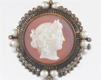 Antique French Carved Agate Cameo, Pearl, and Rose Cut Diamond Brooch 