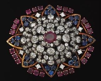 Antique Gold, Diamond, Ruby and Sapphire Brooch 