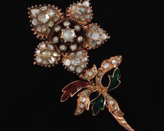 Antique Rose Cut Diamond, Enamel Flower Brooch 
