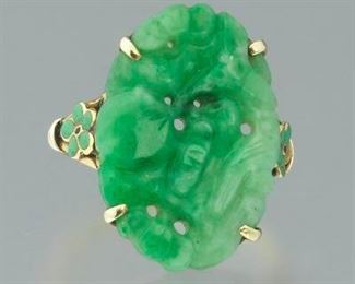 Art Deco Carved Jade and Enamel Ring 