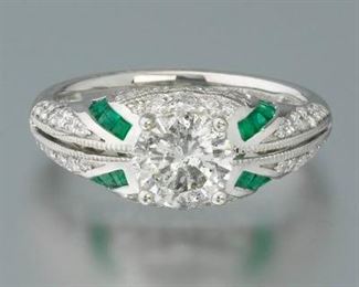 Art Deco Style Diamond and Emerald Platinum Ring 