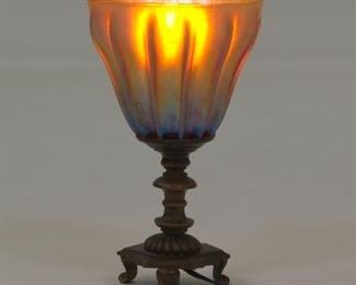 Art Nouveau Bronze Lamp Base, Stamped Tiffany Studios New York, with Peacock Gold Fluted Glass Shade, Signed L.C.T. Favrille 