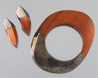 Artisan Sterling Silver and Exotic Wood Pair of Ear Clips and Bangle 