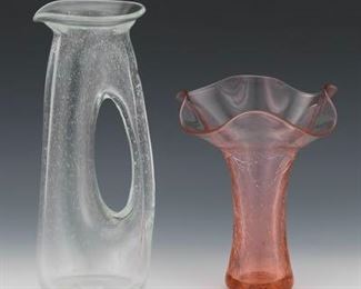 Blenko Art Glass Pink Ruffled Vase and Clear Glass Snow Flake Ewer 