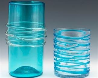 Blenko Vintage Art Glass Two Cylindrical Azur and Clear Glass vases with Applique 