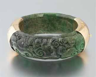 Carved Jade and Gold Bangle Bracelet 