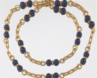 Carved Lapis and Gold Chain Necklace 