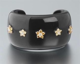 Carved Onyx and Diamond Cuff Bracelet 