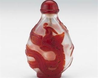 Chinese Peking Glass Ruby Red to Clear Dragon and Phoenix Snuff Bottle 
