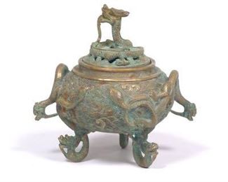 Chinese Bronze Verdigris Patinated Chilong Dragons Incense Burner, Apocryphal Xuande Seal Mark 