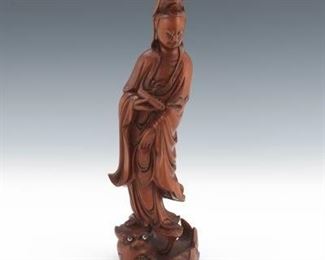 Chinese Carved Boxwood Sculpture of Goddess Guanyin on a Dragon 