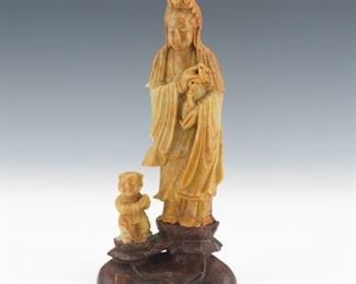 Chinese Carved Stone of Goddess Guanyin with Attendant on Lotus Stand 