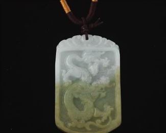 Chinese Carved White Green Jade Dragon Pendant on Braided Cord