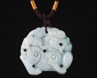 Chinese Carved White Green Jade Guardian Foo Lion with Pup Pendant on Braided Cord