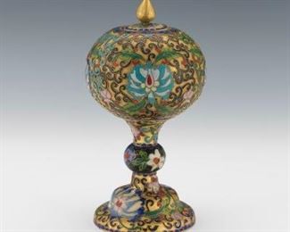 Chinese Champleve and Cloisonn Enamel Temple Incense Burner with Cover 