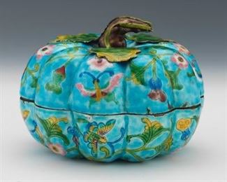 Chinese Enameled Copper Melon Shape Container 