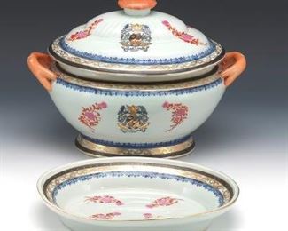 Chinese Export Porcelain Armorial Tureen with Cover and Serving Platter 