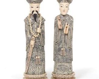 Chinese Large Carved Bone Overlay Statues of Emperor and Empress, Qianlong Marks 