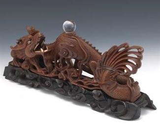 Chinese Large Carved Wood Dragon Sculpture on Carved Wood Stand 
