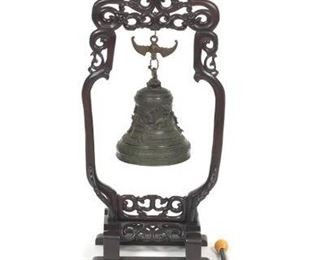 Chinese Late Qing Cast Bronze Bell with Taohuaxinmu Wood Stand 