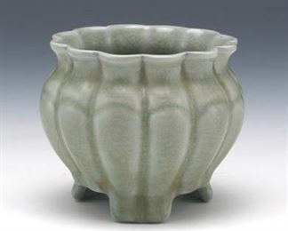 Chinese Longquan Celadon Glazed Lotus Tripod Vase