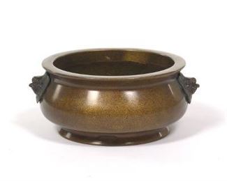 Chinese Patinated Bronze Vessel with Foo Lion Handles, by Yu Tang Qing Wan