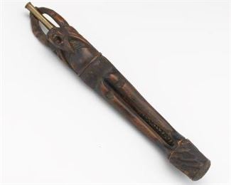 Chinese Unusual Brass and Bamboo Zodiac Pipe with Rosewood Luohan Figural Holder 