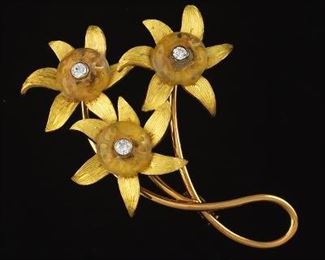 Continental Gold, Crystal, and Diamond Flower Brooch 