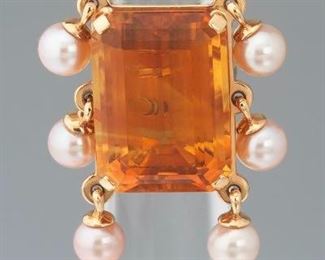 Cristian Dior Gold, 35 Ct Amber Citrine and Pearl Oversize Fashion Ring 