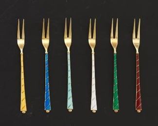 Danish Parcel Gilt Sterling Silver and Guilloche Enamel Set of Six Strawberry Forks, in Presentation Box