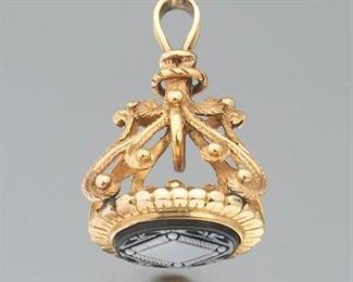 Early Victorian Gold and Carved Onyx Fob Pendant 