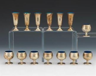 Eight Gorham Sterling Silver and Royal Blue Enamel Digestif and Six Shot Glasses 