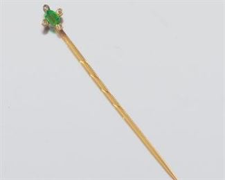 English Victorian Gold, Demantoid Garnet and Rose Cut Diamond Stick Pin 