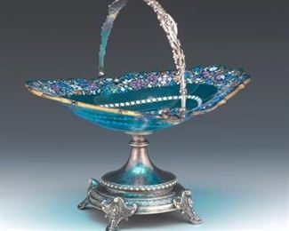 Exquisite Art Nouveau Moser Enamelled Turquoise Glass and Sterling Silver Footed Basket 
