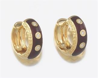 Faberge Germany 18k Gold, Diamond and Guilloche Enamel Pair of Huggie Earrings 