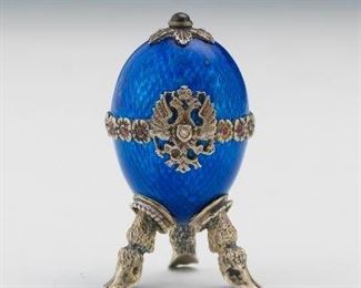 Faberge Style Russian Silver, Guilloche Enamel, Ruby and Garnet Easter Egg 