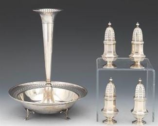 Four Cartier Sterling Salt and Pepper Shakers and Watson Sterling Silver Footed Dish with Trumpet Vase 