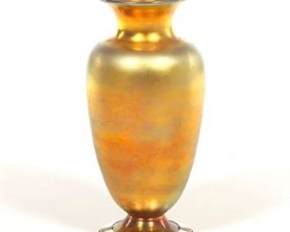 Frederick Carder for Steuben Gold Aurene Vase with Silver Metal Base 