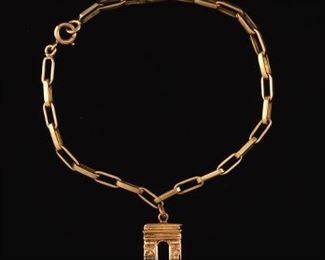 French 18k Gold Bracelet with Arc De Triomphe Charm Pendant 