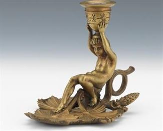 French dOre Bronze Egyptian Revival Chamber Candleholder, after Victor Paillard, ca. 19th Century 