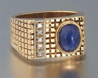 Gentlemens Vintage Gold, Star Blue Sapphire and Diamond Ring 