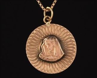 Gold Madonna Ecclesiastical Medallion on Chain 