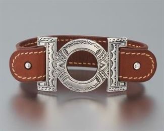 Hermes Ano Touraeg Sterling Silver and Leather Bracelet 