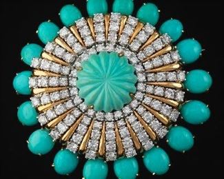 Impressive Carved Turquoise and Diamond Brooch 
